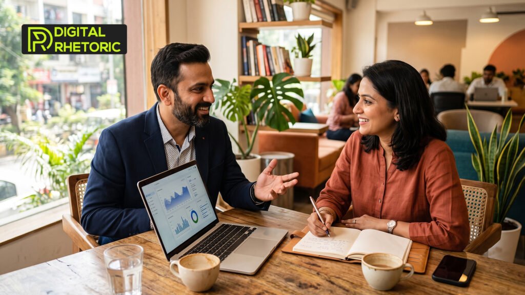 Business consultant reviewing analytics on a laptop with a client to grow local businesses