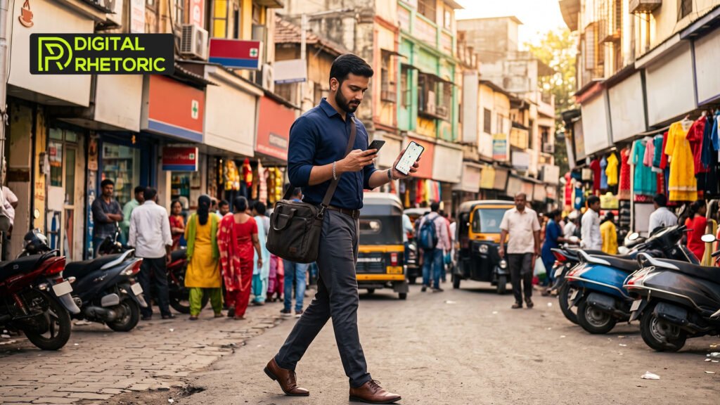 Pedestrian using map navigation on smartphone in a local market area powered by Google Business Profile