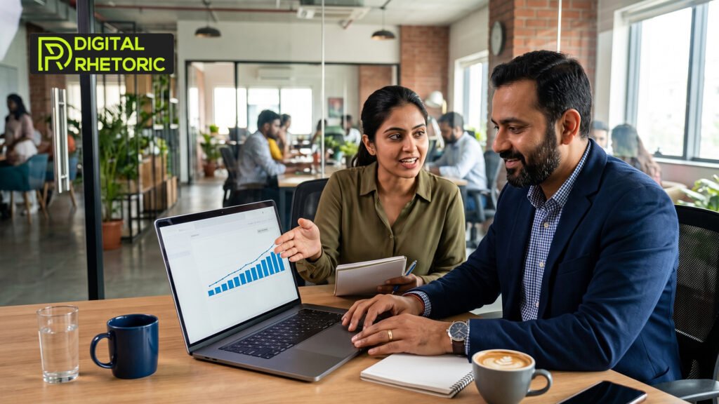 A woman pointing at an upward-trending bar chart on a laptop screen while discussing data with a colleague.