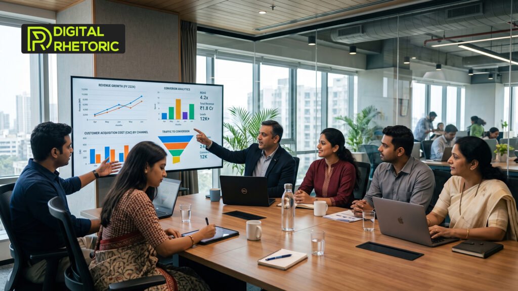 Marketing team reviewing campaign performance charts and digital marketing ROI metrics during a conference room presentation.