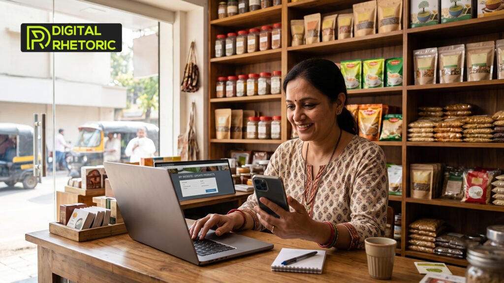 Small store owner managing inventory on a laptop and smartphone for local businesses