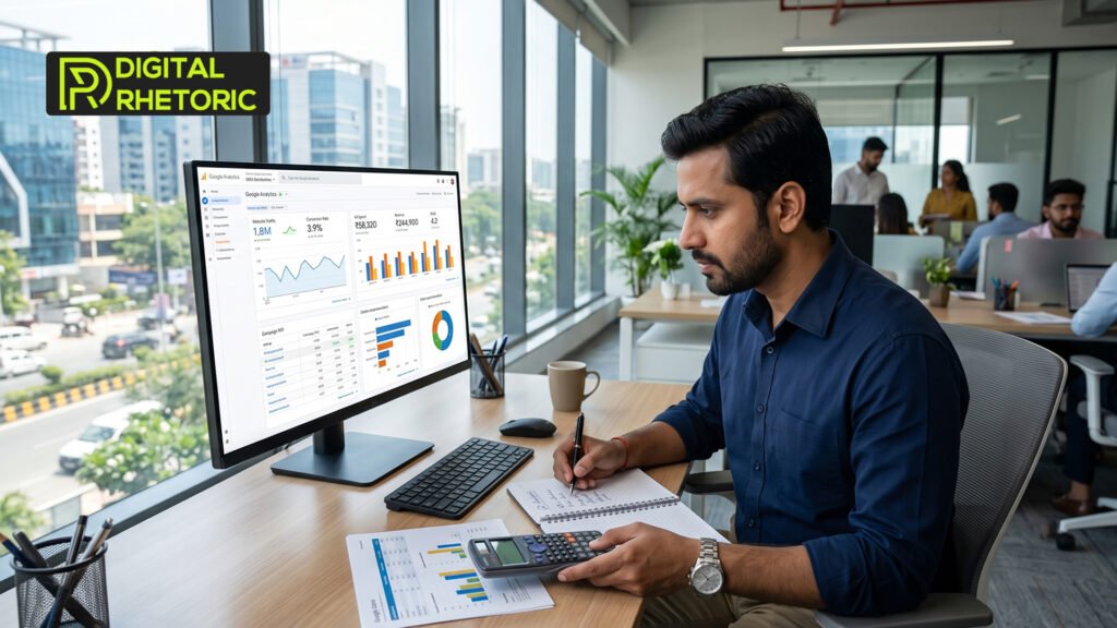 A professional analyzing digital marketing ROI dashboards and analytics on a desktop screen.