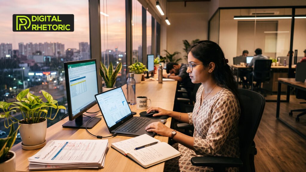A woman working on analytics and spreadsheets on a laptop and monitor near a large office window at sunset.