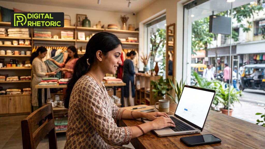 Boutique shop owner working on a laptop near the storefront to update her Google Business Profile listing