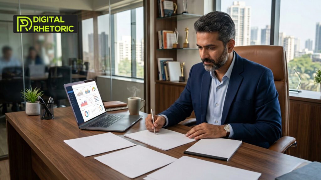 Business professional reviewing marketing reports and analytics dashboard at office desk