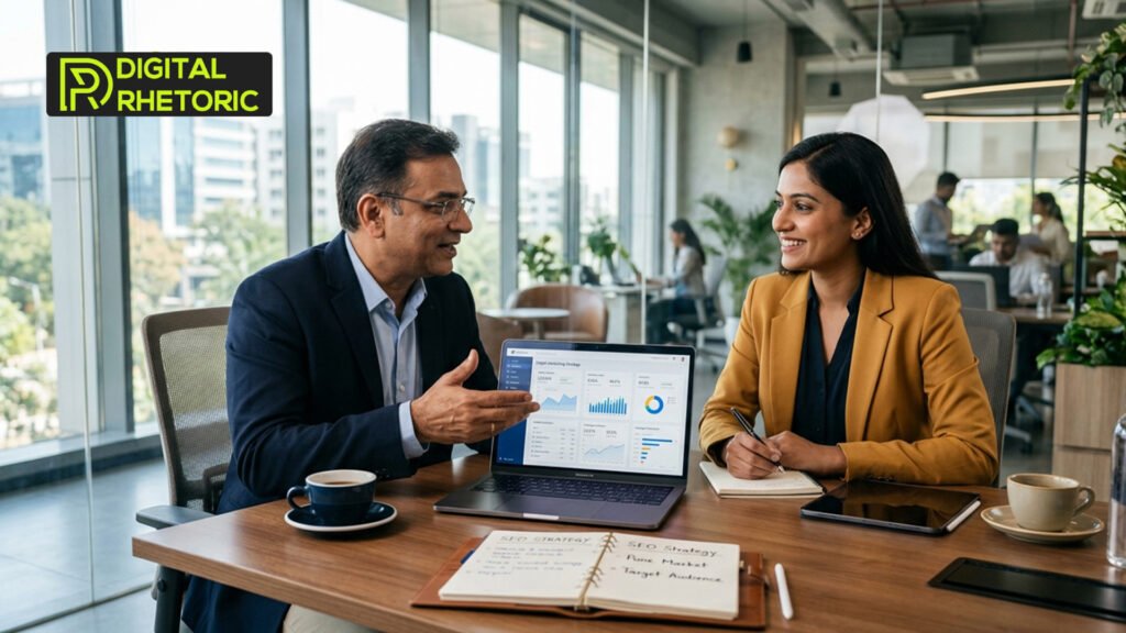 Digital marketing consultants discussing SEO strategy and performance metrics on a laptop in an office
