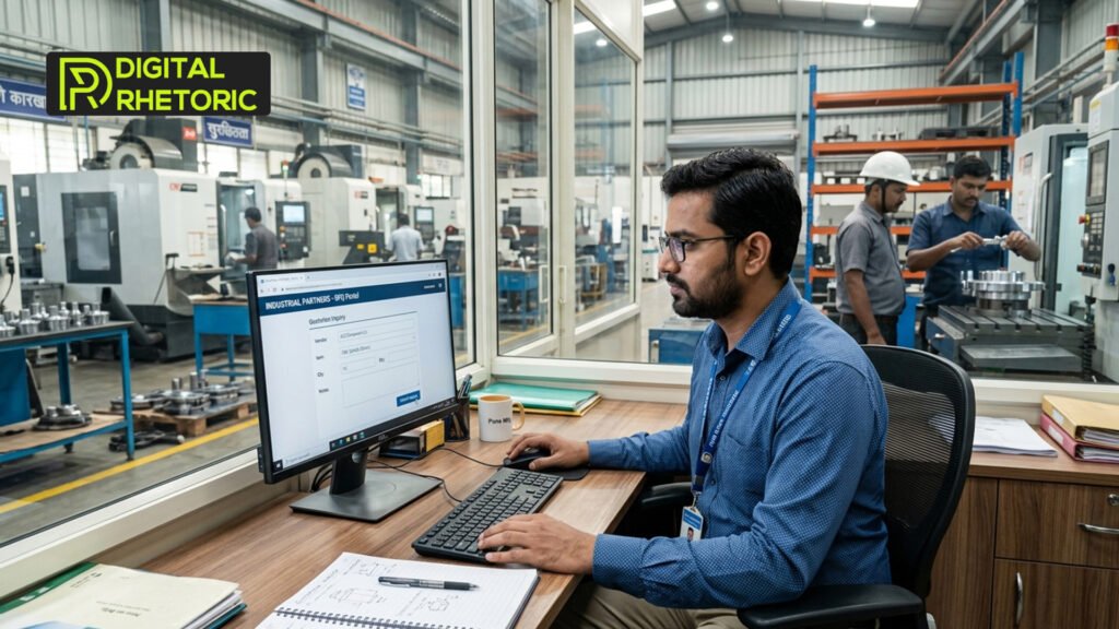 An engineer managing operations on a computer for the manufacturing industry in Pune.