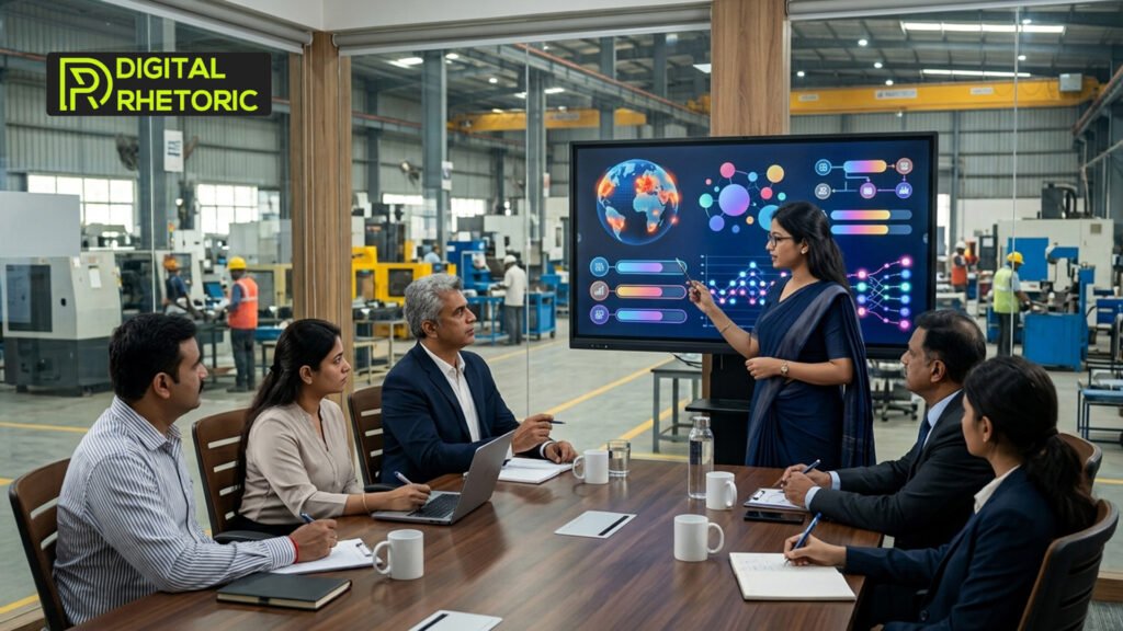 A manager using a tablet to oversee smart operations in the manufacturing industry in Pune.