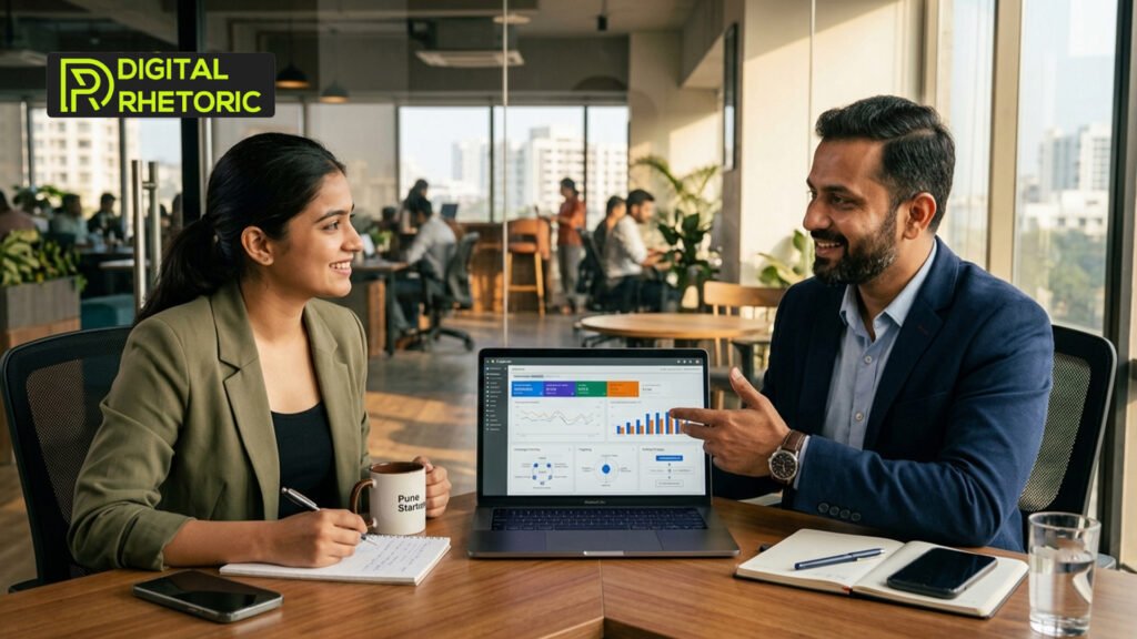 Two professionals discussing data analytics shown on a laptop screen during an office meeting.