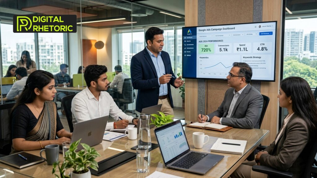 A business team in a modern conference room discussing a Google Ads Campaign Dashboard on a large screen.