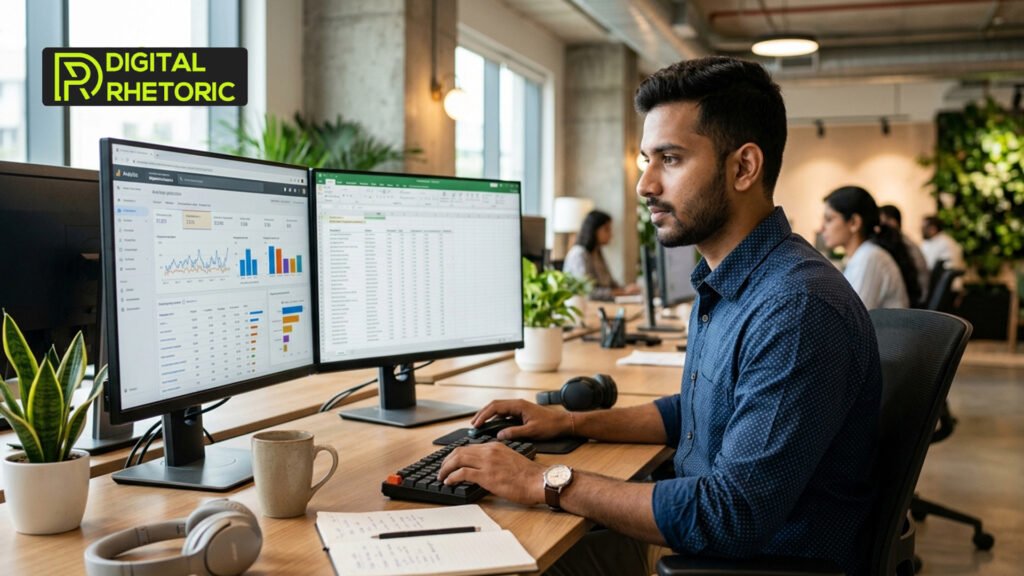 A digital marketing analyst working at a desk with dual monitors displaying performance charts and data spreadsheets.