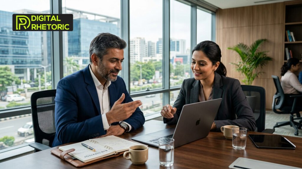 Two corporate colleagues discussing a B2B strategy on a laptop during a meeting in a glass-walled conference room.
