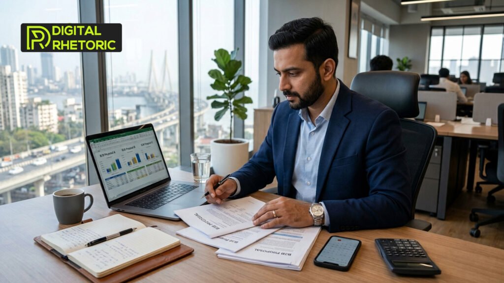 A male executive reviewing B2B proposal documents and laptop analytics spreadsheets at a office desk overlooking a city skyline.