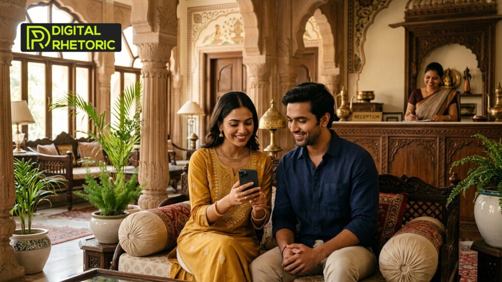 Couple using a smartphone in a luxury heritage hotel lobby for travel marketing promotion