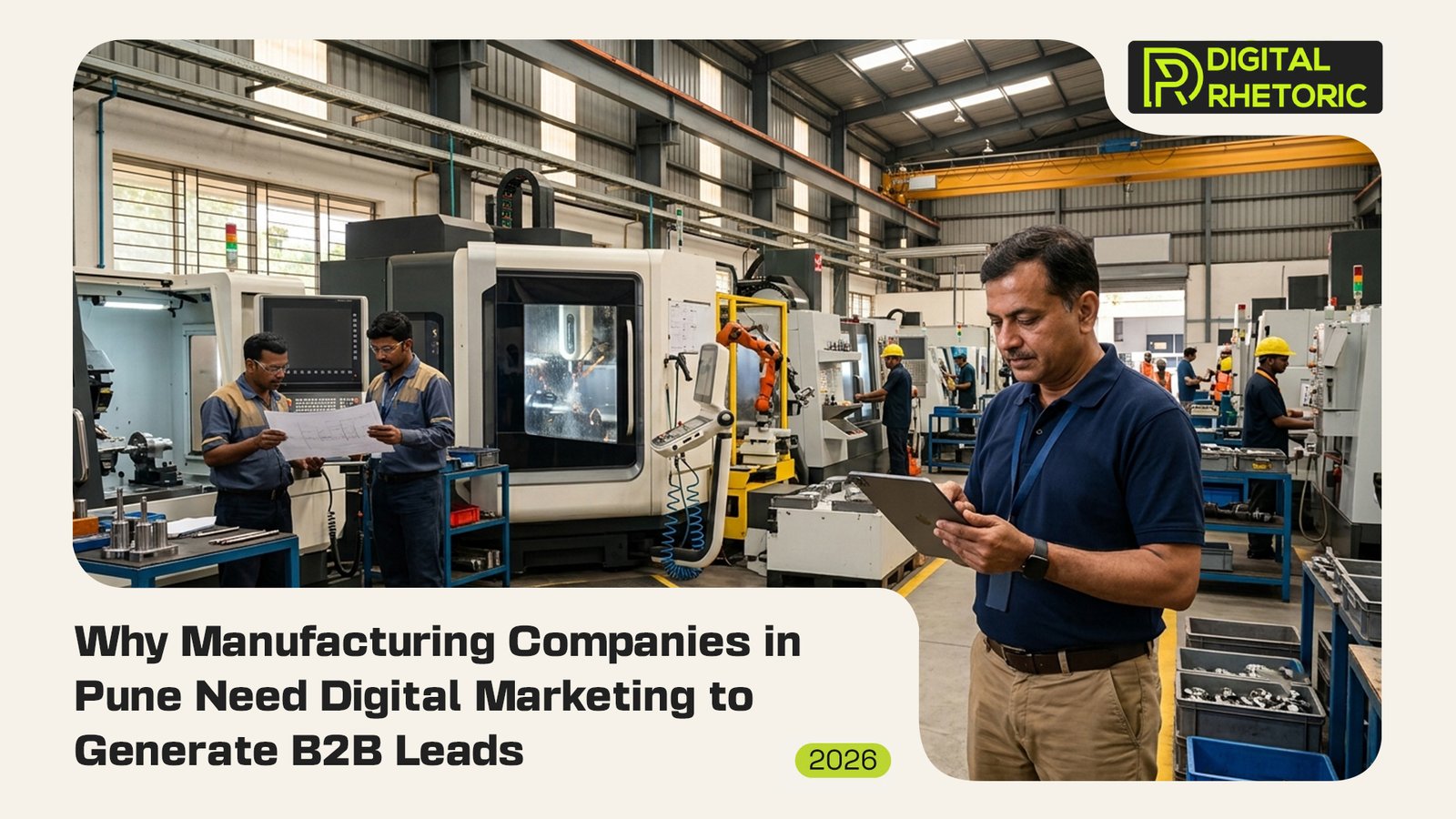Digital marketing graphic for B2B lead generation in the manufacturing industry in Pune.