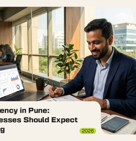 Blog banner graphic featuring a businessman working on PPC analytics, titled "Top PPC Agency in Pune"
