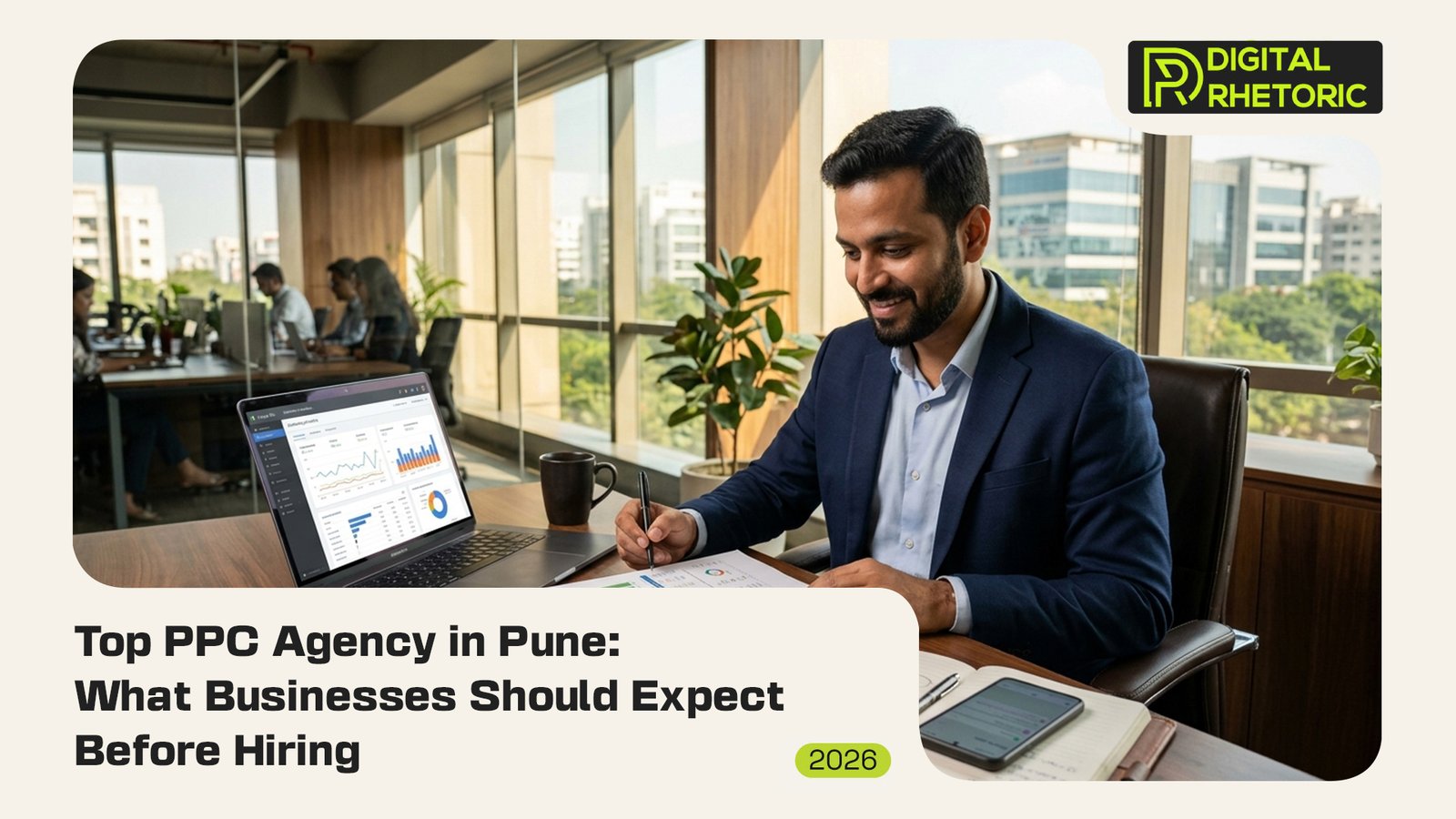 Blog banner graphic featuring a businessman working on PPC analytics, titled "Top PPC Agency in Pune"