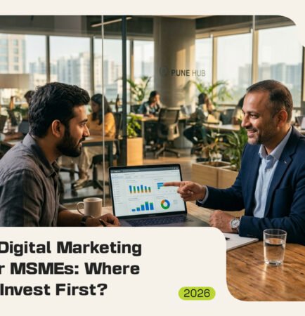 Two professionals in a modern office discussing digital marketing analytics on a laptop with Digital Rhetoric branding.