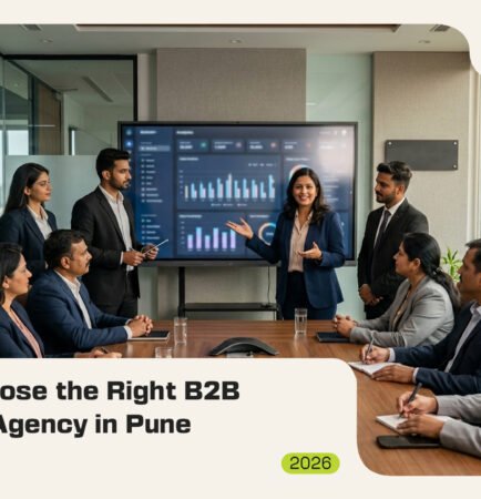 A business professional giving a B2B marketing presentation on a large display screen to a group in a modern boardroom.