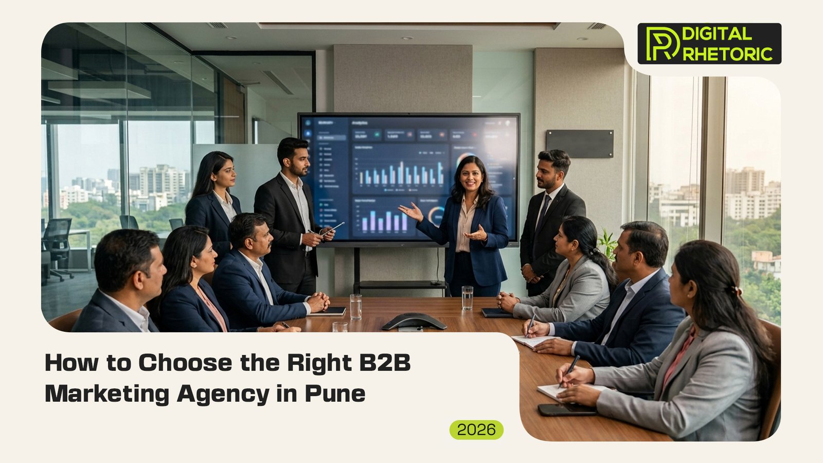 A business professional giving a B2B marketing presentation on a large display screen to a group in a modern boardroom.