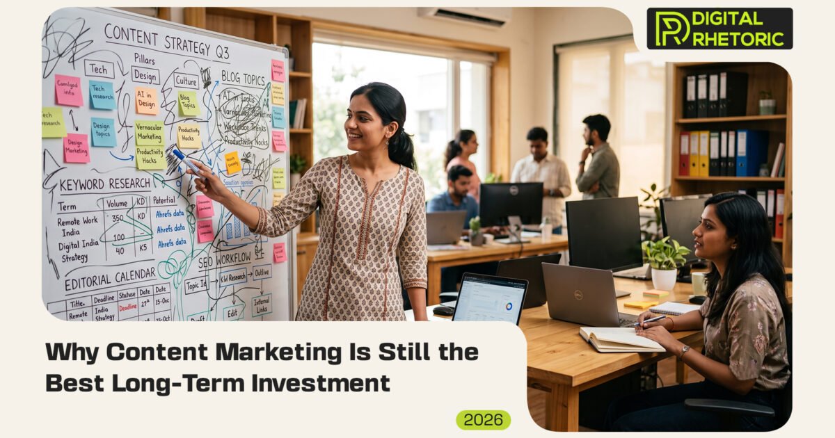 A woman presenting content strategy and keyword research on a whiteboard to a colleague in an office, with text reading "Why Content Marketing Is Still the Best Long-Term Investment"