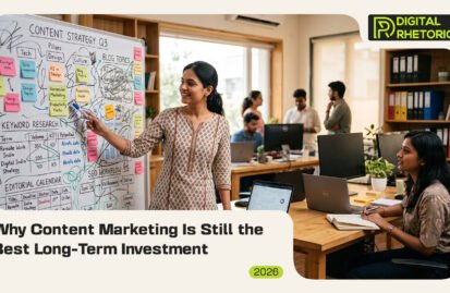 A woman presenting content strategy and keyword research on a whiteboard to a colleague in an office, with text reading "Why Content Marketing Is Still the Best Long-Term Investment"