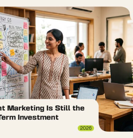 A woman presenting content strategy and keyword research on a whiteboard to a colleague in an office, with text reading "Why Content Marketing Is Still the Best Long-Term Investment"