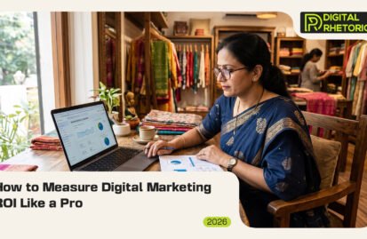 A business owner analyzing digital marketing ROI on a laptop inside her boutique store.