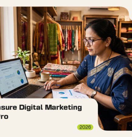 A business owner analyzing digital marketing ROI on a laptop inside her boutique store.