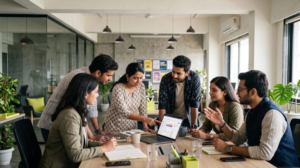 A group of six young professionals collaborating around a wooden office desk, reviewing performance charts on a laptop screen while discussing and taking notes.
