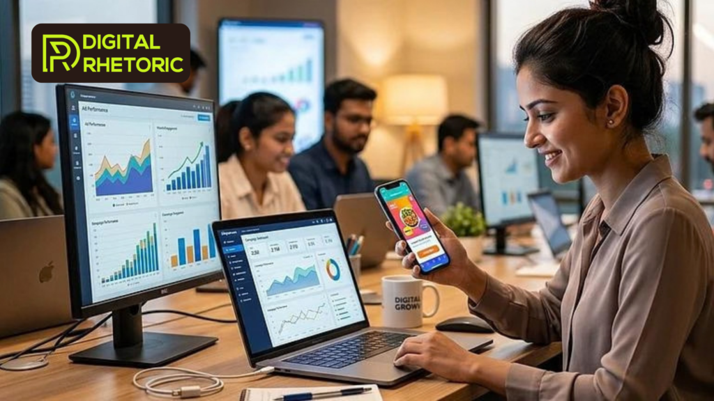 A smiling woman at a desk with dual data analytics monitors holds a smartphone. The "Digital Rhetoric" logo is centered in the background and on a coffee mug.