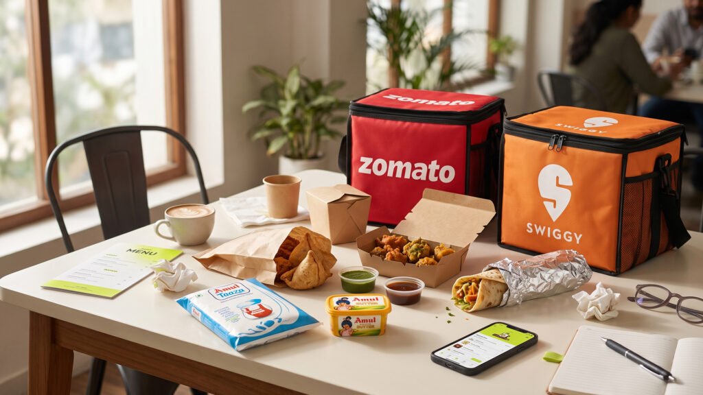 A tabletop filled with food delivery items including Zomato and Swiggy thermal bags, samosas, pakoras, a kathi roll, Amul butter, a packet of Amul Taaza milk, and a smartphone displaying a food app