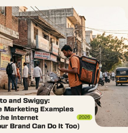 A delivery partner in an orange shirt with a backpack standing next to a scooter on a busy Indian street, looking at his smartphone.
