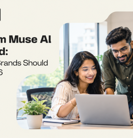 Promotional banner titled "Instagram Muse AI Explained: What Pune Brands Should Know in 2026" featuring the Digital Rhetoric logo. Three professionals gather around a laptop and smartphone in a bright office.